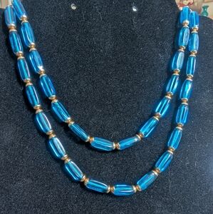 Vintage Elegant Blue and Gold Beaded Necklace